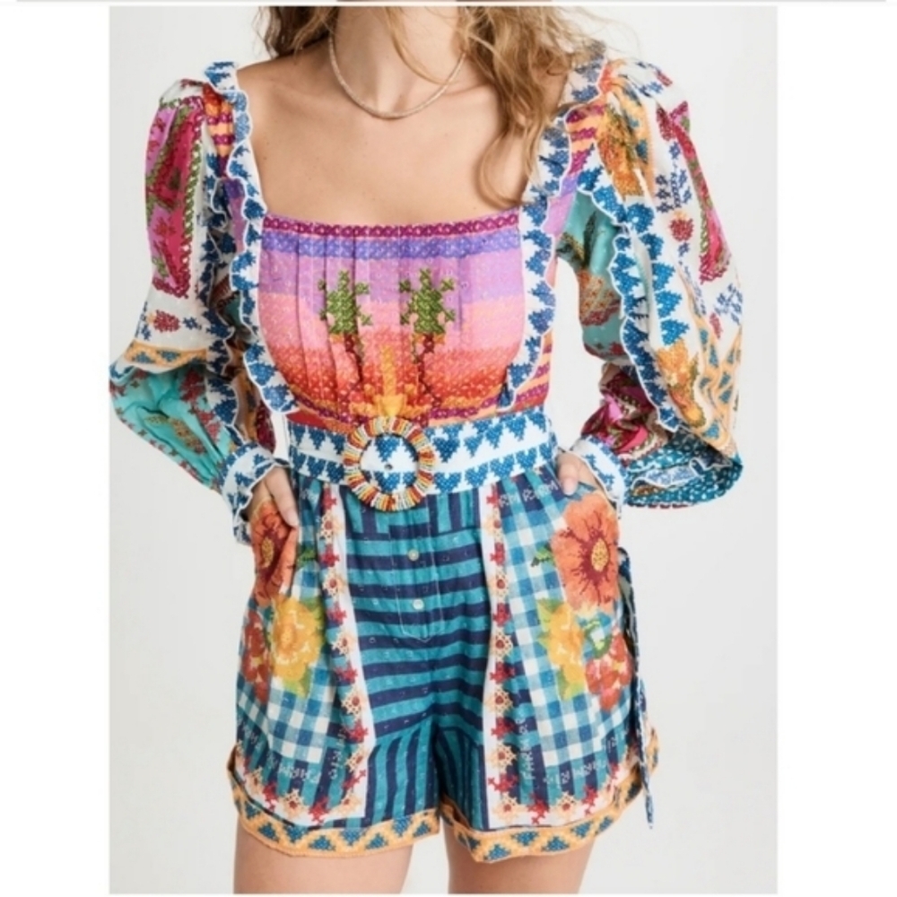 FARM RIO SUMMER STITCHES Belted PATCHWORK ROMPER - Picture 2 of 3